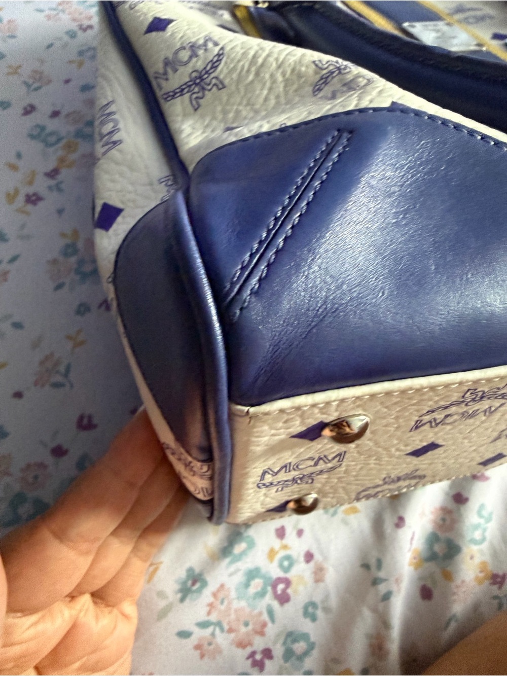 MCM Cream Satchel with Blue Trim and Yellow Accents - Picture 13 of 14